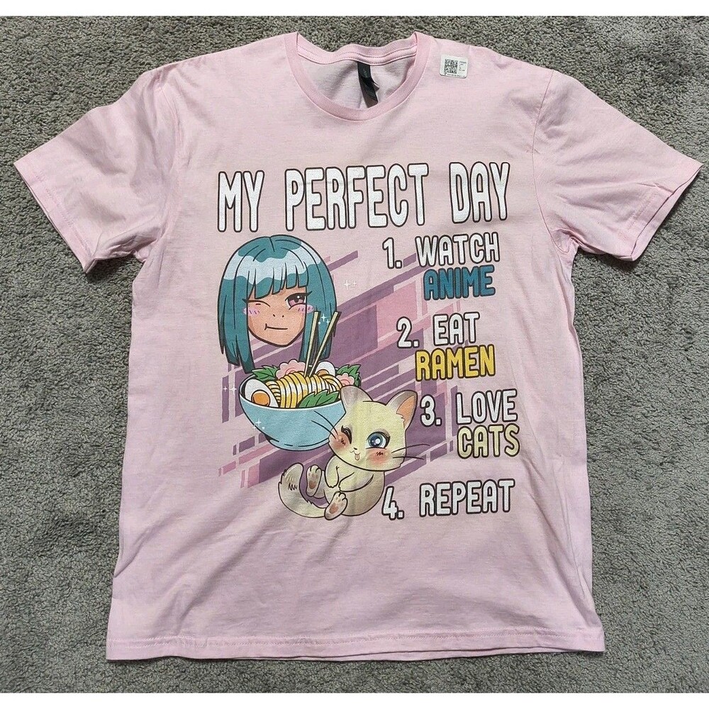 Anime Cat Ramen Graphic Novelty Tee Kawaii T-Shirt Size L Large Unisex Pink
